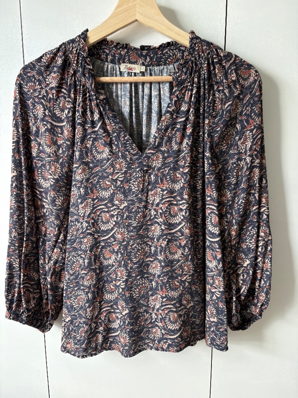 Faherty Women's Portia Artisan Block Print Top Blouse Size S Fall Boho Peasant